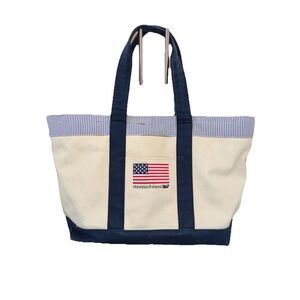 Vineyard Vines Tote Bag 17" x 12" Canvas Embroidered Flag Whale Zip Pockets
